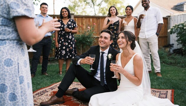 Happy bride and groom sitting on a rug during a backyard wedding toast. Newlyweds celebrating with friends and family at an outdoor reception. Joyful marriage celebration concept