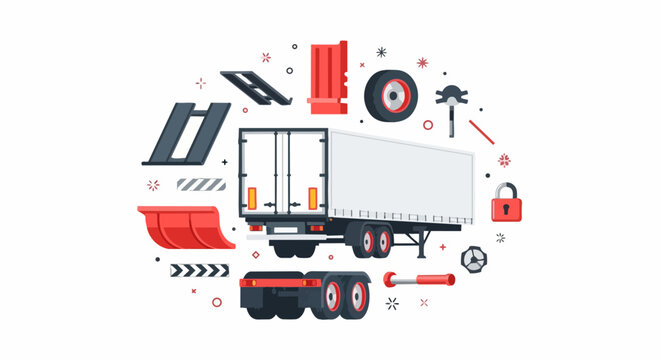 Semi-Trailer Logistics and Trucking Components Illustration &ndash; Vector Set of Shipping Equipment, Cargo Container, and Freight Transport Parts on White Background