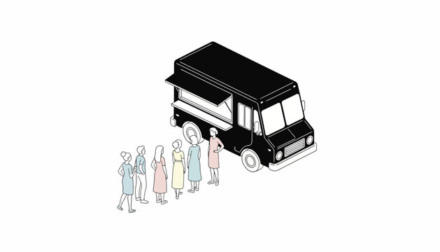 Isometric illustration of a black food truck with an open service window and a queue of customers waiting in line to order, featuring a clean line art style on a plain white background.
