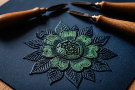 Carver tools lay near raised flower relief. Intaglio printmaking pattern created with hand tools. Artisan works on unique textured design, craft flower.