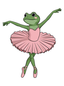 Cartoon frog ballerina in a pink tutu and pointe shoes colorful illustration on a white background high-quality professional detailed modern elegant stylish.