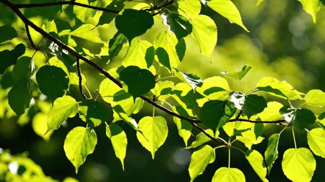 Fresh green leaves on branch with bright sunlight backlighting