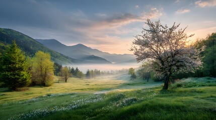 Fototapeta premium Peaceful spring landscape with a blooming tree at sunrise in a misty mountain valley