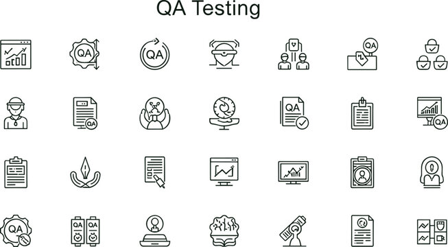 QA testing outline icon set for software quality assurance dashboards developer workflows and technology applications