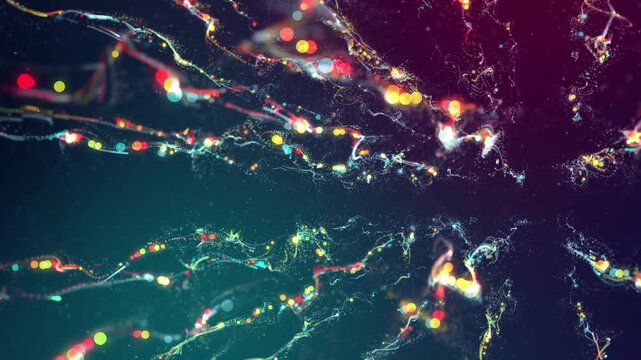 3d render particles Vibrant web of shimmering sparks. Dynamic explosion disperses glowing filament fragments rapidly. Chaotic eruption releases luminous threads and energetic particles across darkness