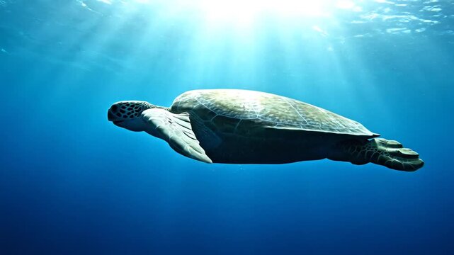 Green sea turtle swimming underwater in deep blue ocean sunlight
