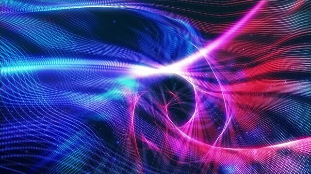 3d render particles background VJ loop Electric spiral bloom of particles, concentrated luminous core emits pink blue ribbons and dotted currents, swirling kinetic bloom evokes cosmic data simulation