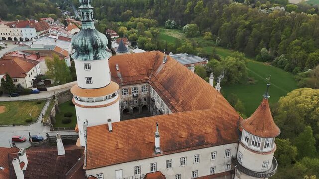 Aerial View over Nove Mesto nad Metuji Castle Courtyard with Red Roofs and Historic Tower
