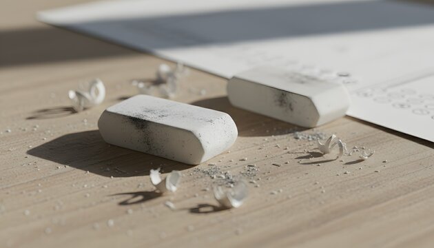 Used erasers on an exam desk with shavings and a test paper during final school exams for academic pressure and correcting mistakes concept in cinematic sunlight
