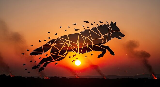 Dynamic geometric wolf silhouette with exploding fragments running against a fiery sunset sky, abstract digital art.