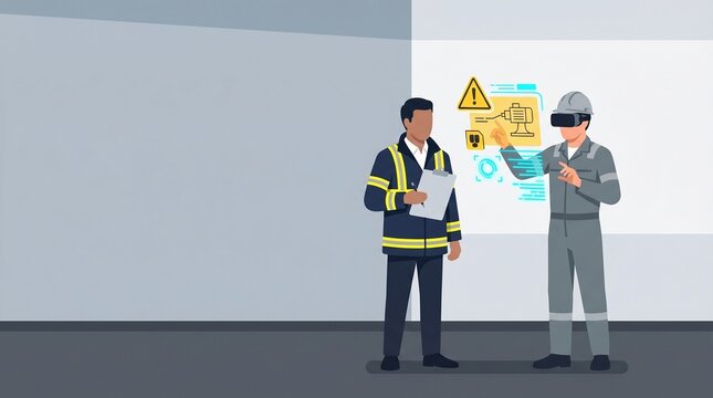Flat vector illustration of an industrial worker using a VR headset for safety training with a supervisor and glowing hologram interface with copy space