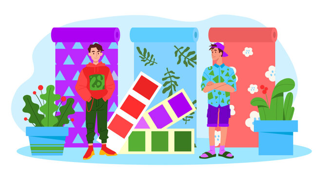 Wallpaper designers choosing color palettes. Vector illustration