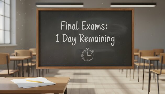 School chalkboard with final exam countdown showing one day remaining in a classroom setting for final school exams concept focusing on student stress and academic pressure