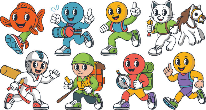 Cartoon characters running with various sports equipment and backpacks on white background