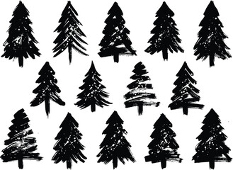 Obraz premium Grunge Christmas Tree Collection, Hand Painted Pine Tree Brush Stroke Set, Abstract Holiday Vector Illustrations