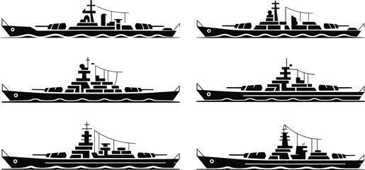 War Ship Navy Boat Sea Fleet Silhouette Vector Icon Set © Naimur creativehouse