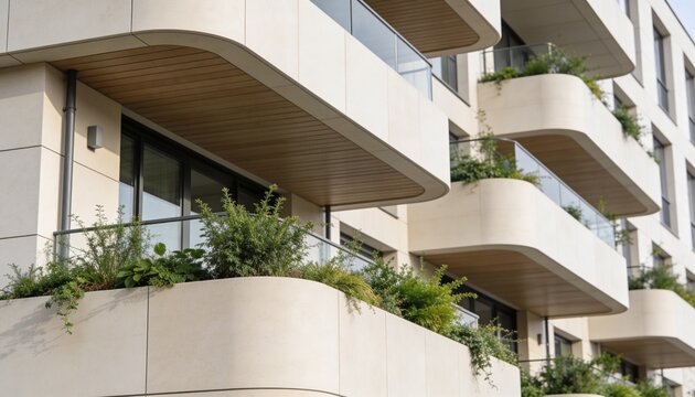 Modern residential building with curved balconies and green plants. Sustainable urban design architecture. Contemporary apartment facade with wooden details