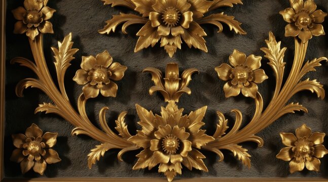 Gilded ornate floral motif with scrolling leaves and flowers. Antique decorative element with intricate carvings and a textured dark background. Luxury accent for interior design.