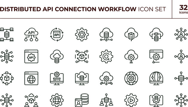 Distributed API connection workflow icon set for cloud integration platforms software systems and network infrastructure applications