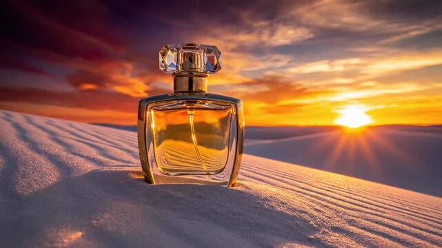 Luxury perfume bottle in snow during a golden sunset