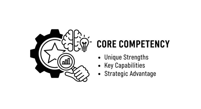 Core competency business concept with gear, brain, and magnifying glass icon