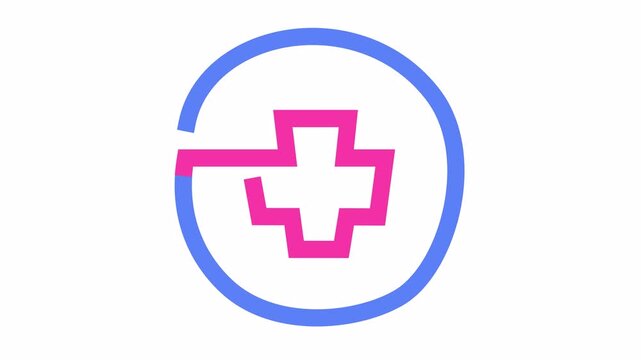 Medical cross circle icon line art cartoon animation with a minimalist healthcare symbol and plus sign in circular frame for pharmacy and clinic logo element concept.