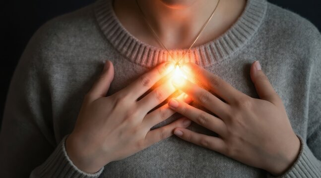 Person feels chest pain. Heartburn discomfort, burning sensation. Woman clutches chest, possible heart attack symptom. Acute pain in sternum area, needs medical help.
