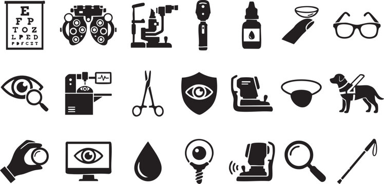Ophthalmology eye care icon set featuring vision testing optical equipment professional vision correction tools contact lenses eyeglasses and visual diagnostics technology