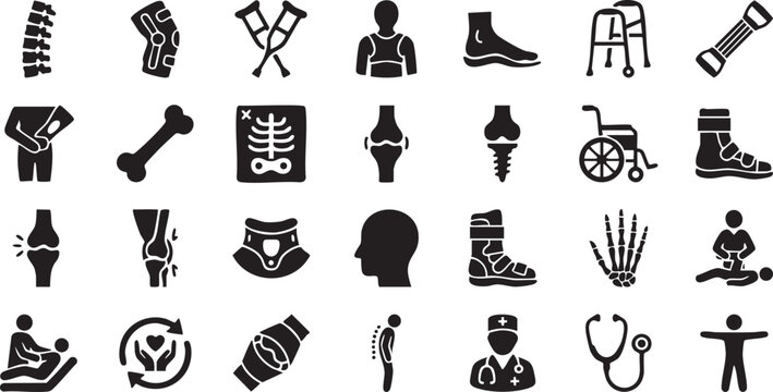 Orthopedic and physical therapy icons set featuring bone anatomy spine medical equipment crutches wheelchair knee brace joint replacement cast and rehabilitation therapy