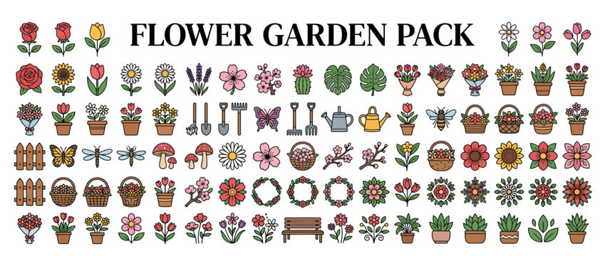 Collection of colorful flower garden icons.