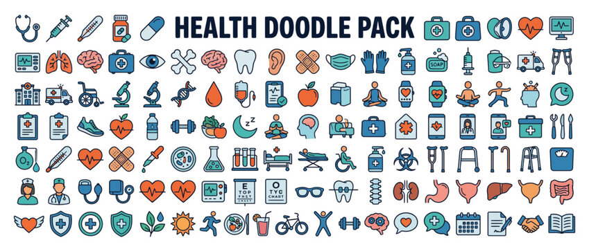 Health and medical doodle icons pack.