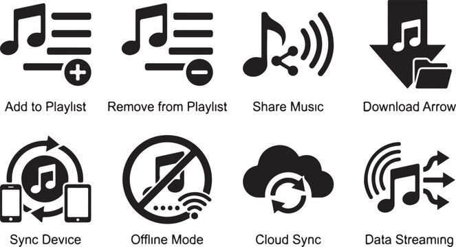 Music icons, audio symbols, playlist and streaming signs, black vector graphics set