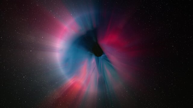 Abstract multicolor glow sphere with rays, science background. Bizzard planet structure in space, 4k