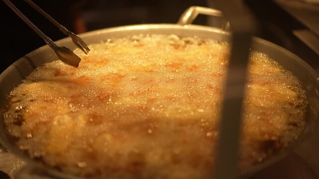 Close-up of Deep-Frying Thai Banana Fritters Kluay Kaek in Hot Bubbling Oil, Golden and Crispy Street Food Preparation