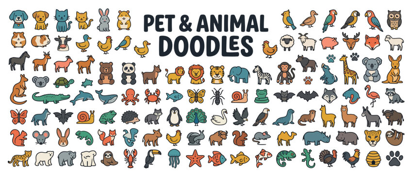 Collection of cute pet and animal doodles.