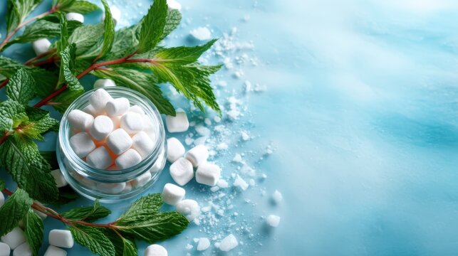 A glass jar filled with mint-flavored candies surrounded by fresh mint leaves creates a refreshing vibe, inviting you to indulge in a sweet and cooling experience.