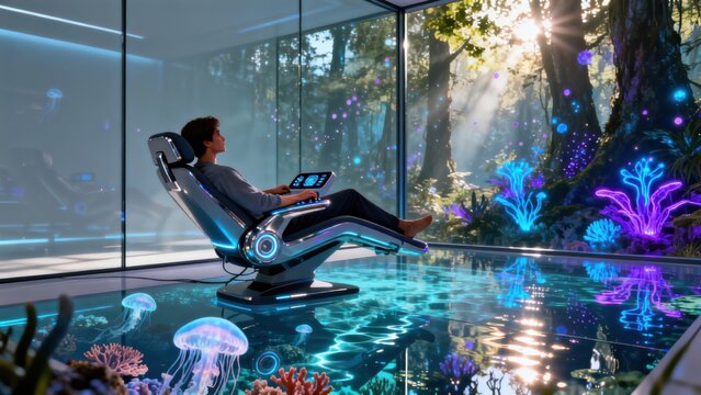 Person relaxing in futuristic chair with virtual forest