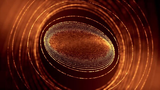 3d render VJ Loop particles Illustrations of swirling bronze disks with detailed surface patterns. Detailed artistic depictions of spinning circular bronze objects emphasizing textured grain and rich