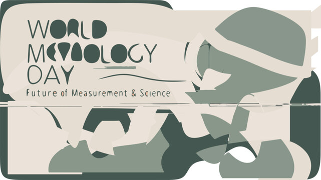 Flat vector illustration celebrating World Metrology Day featuring a globe, caliper, wrench, and banner with text.