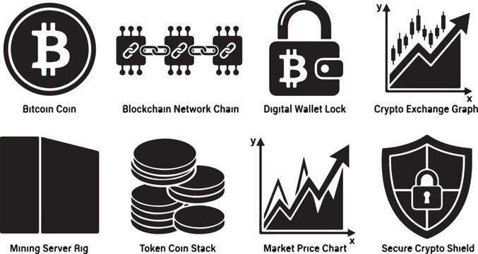Cryptocurrency icons, blockchain vector set, bitcoin symbols, digital currency graphics