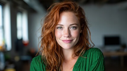 Obraz premium A cheerful young woman with wavy red hair wearing a green top stands confidently, exuding warmth and approachability in a well-lit indoor space filled with creative energy.