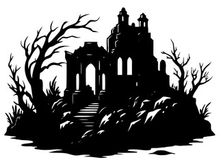 Obraz premium Ruined castle silhouetted among barren trees on rocky hill