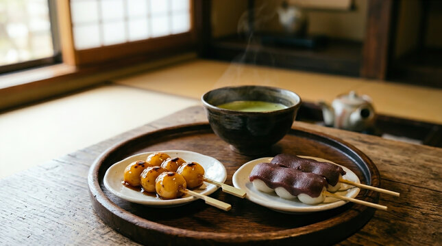 和室で頂く、木製のトレーに乗った、みたらし団子とこしあん団子、そして一杯の抹茶