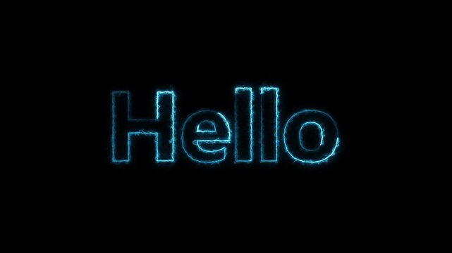 Neon blue electricity hello text effect animation featuring glowing energetic lightning style typography isolated on black.