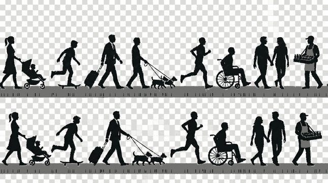 Silhouettes of diverse people walking in a continuous line showing various activities like pushing strollers carrying luggage using