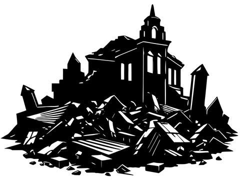 Ruined building collapsed into rubble near historic structure