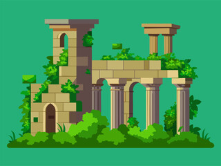 Fototapeta premium Partially collapsed colonnade surrounded by dense vegetation