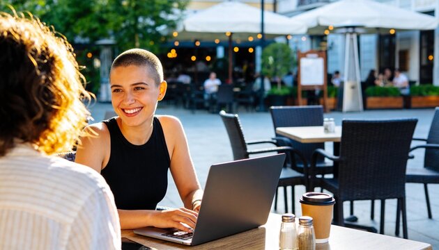 Smiling woman with buzz cut working on laptop at outdoor cafe. Young female freelancer talking to friend on restaurant terrace. Digital nomad lifestyle in the city