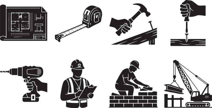 Construction icons, building tools, engineering symbols, industrial signs, 8 black vector graphics