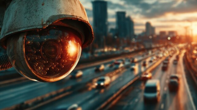 A weathered surveillance camera overlooking a bustling city road, capturing the dynamic flow of traffic, while embodying themes of security and watchfulness in urban life.